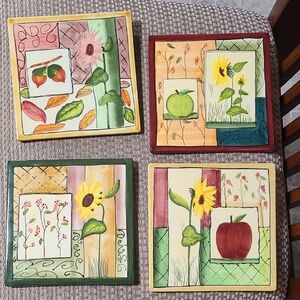 Elizabeth Munro Montage Sun Flower Fruit Decor Ceramic Tiles Trivets Set of 4